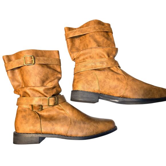 Women's 11 Brown Ankle Boots Flat Heel Buckle Straps Shoe - Picture 4 of 7